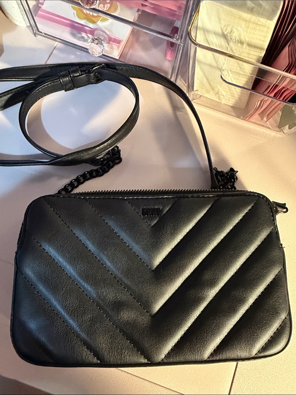 DKNY Black Quilted Chevron Crossbody Bag